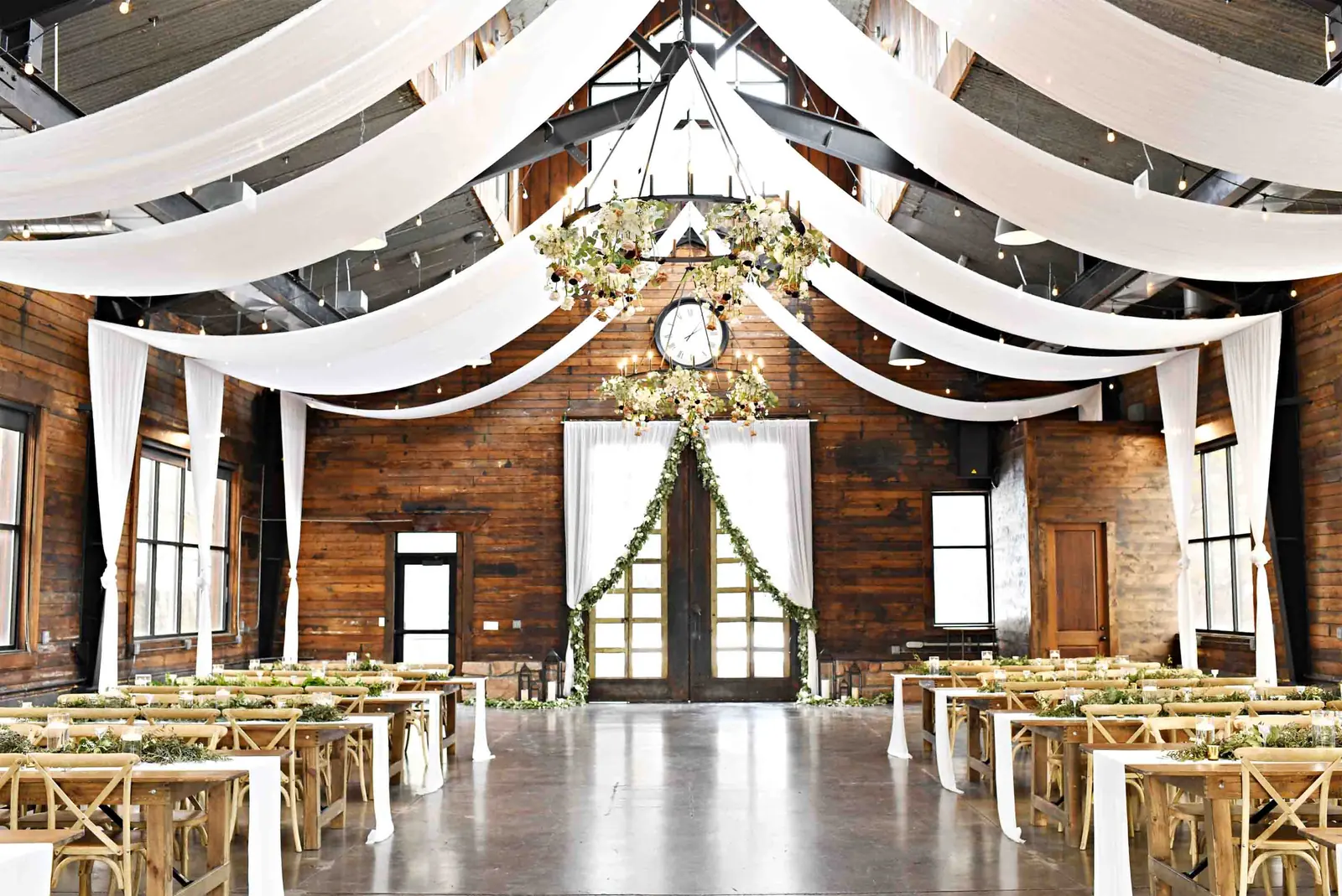 Inside the barn, draped for a ceremony